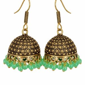 Gold-tone shaped earrings with filigree body and green beads