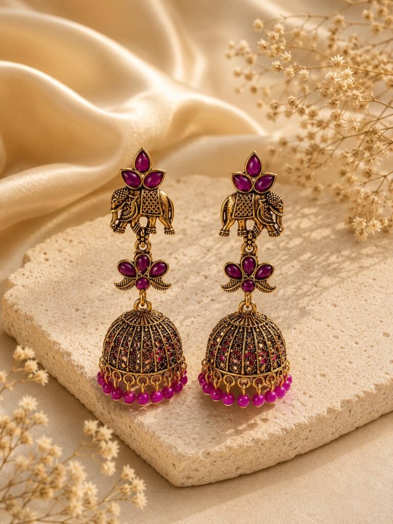 Elephant Jhumka Earrings Purple