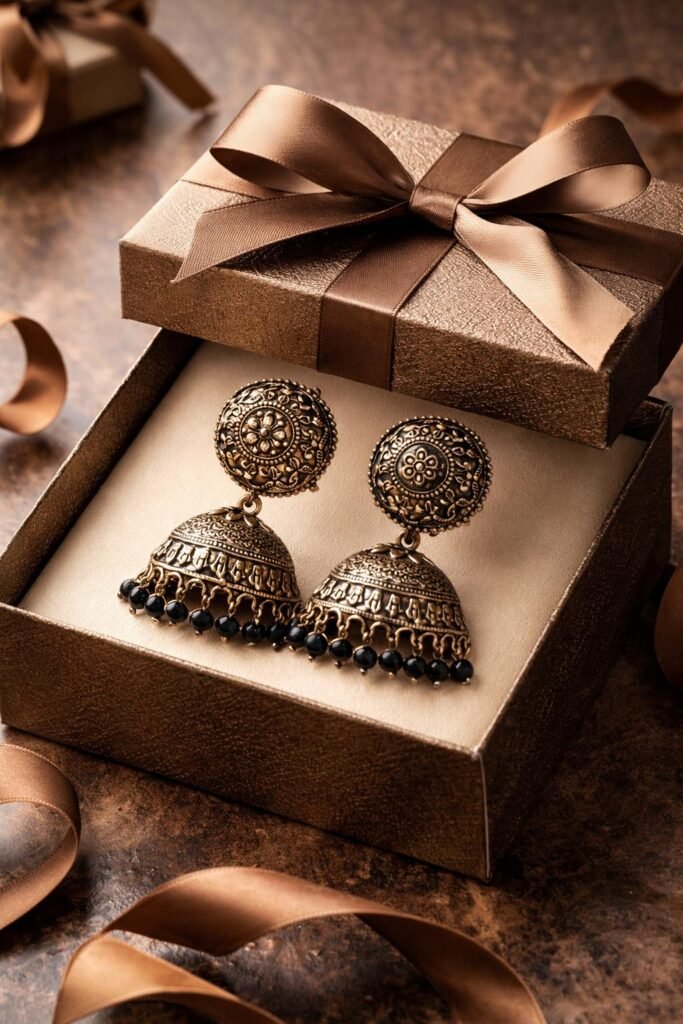 Silver tone jhumka earrings with circular filigree design with black beads
