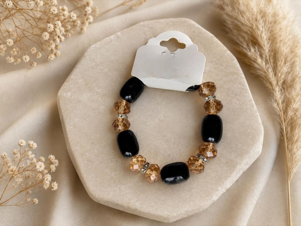 Black, Light Brown & Crystal Stretch Bracelet