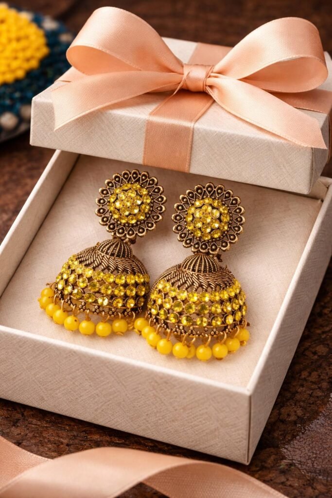 Yellow and gold tone jhumka earrings with stone domes