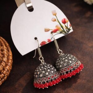 Silver-tone dome jhumka earrings with red bead fringe