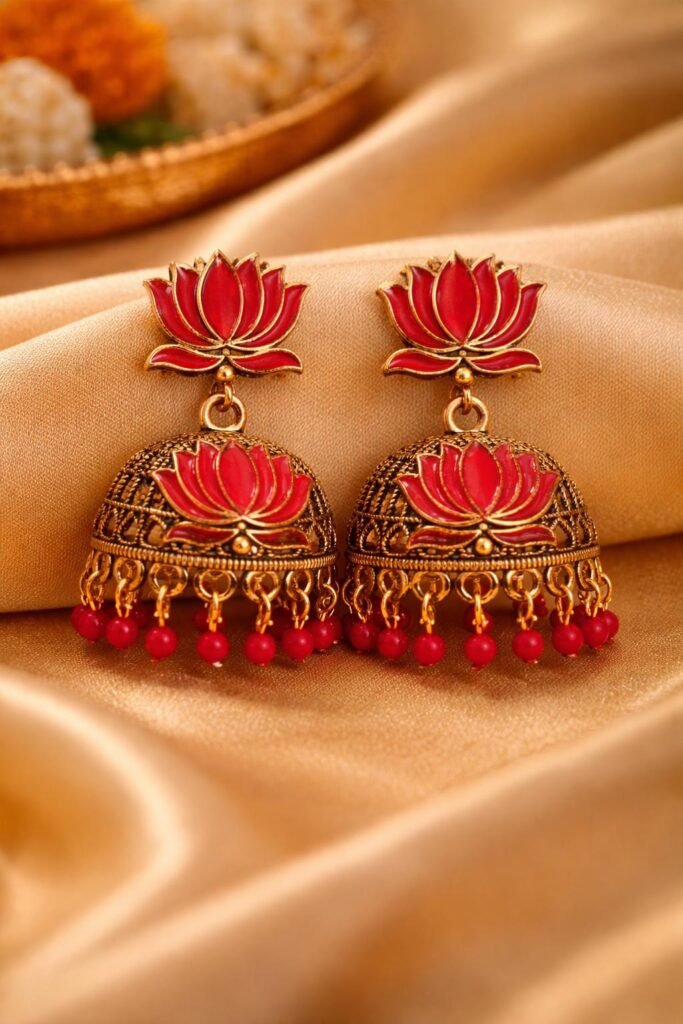 Red Lotus Jhumka Earrings