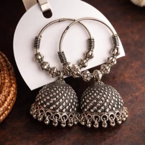 Silver-tone hoop earrings with dome Jhumka drops